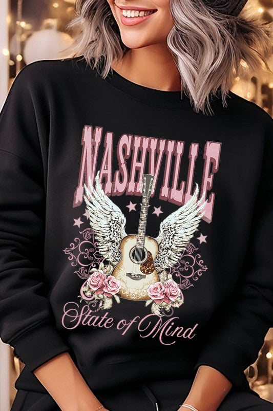 Nashville Rose Graphic Sweatshirt, schwarz, Nashville-Text mit Gitarren- und Flügelmotiv