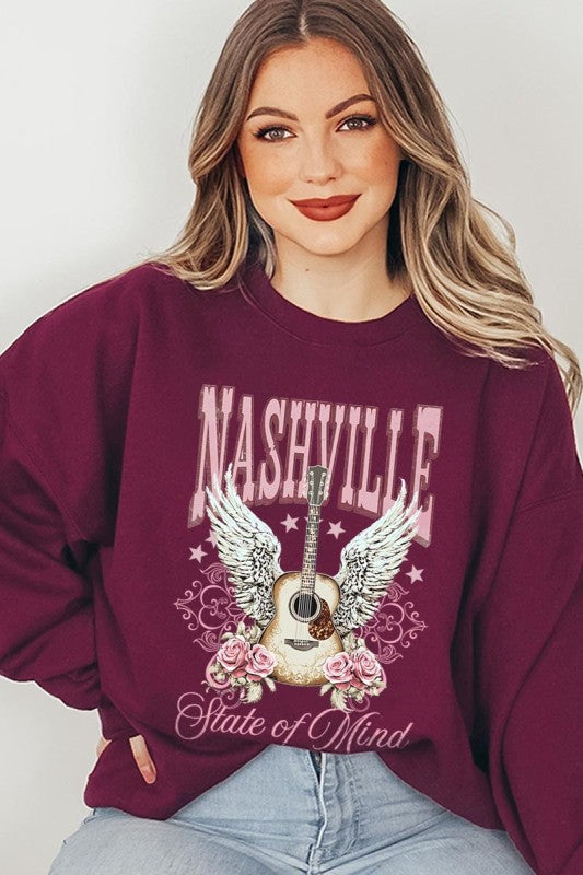 Nashville Rose Graphic Sweatshirt, weinrot, Nashville-Print mit Gitarren- und Flügelmotiv