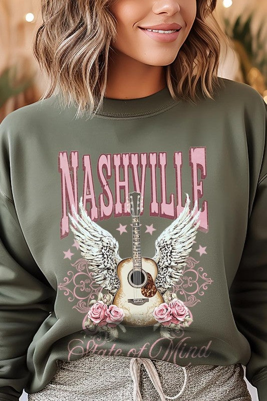 Nashville Rose Graphic Sweatshirt, olivgrün, Gitarren- und Flügelgrafik mit Rosen