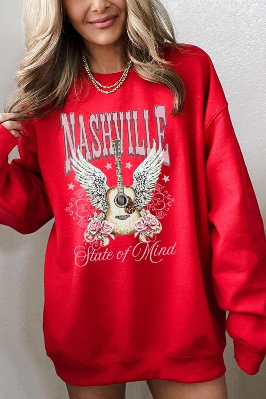 Nashville Rose Graphic Sweatshirt, rot, großes Gitarren- und Flügelmotiv mit Rosen