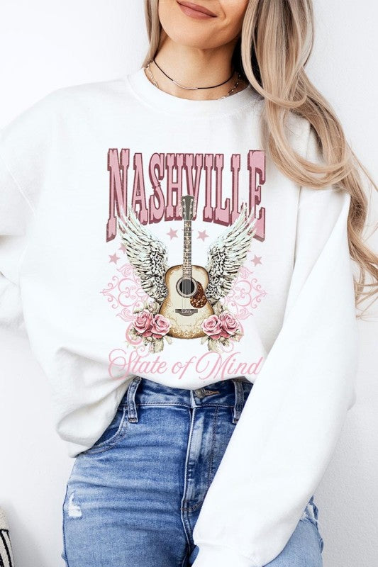 White sweatshirt with Nashville graphic: guitar, wings, and “State of Mind” text
