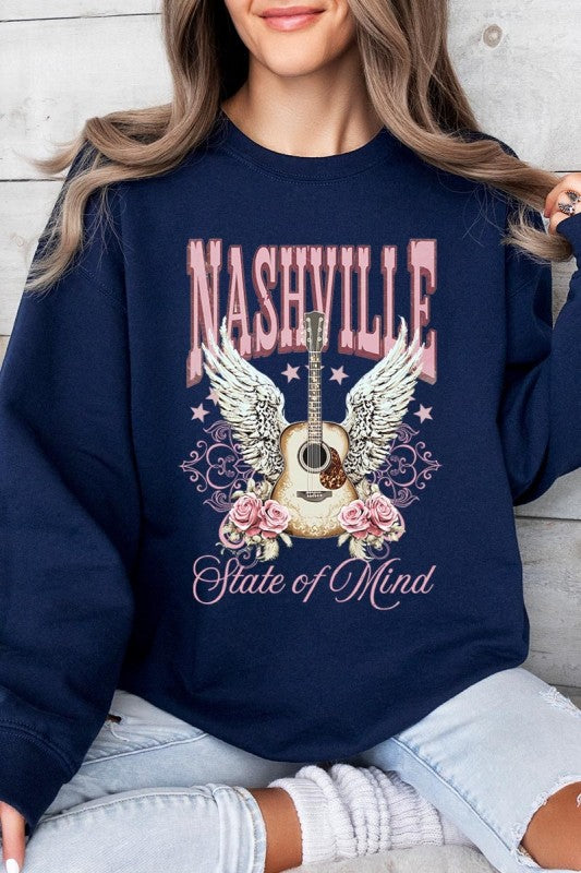 Navy sweatshirt with Nashville guitar-and-wings graphic, roses, and “State of Mind”