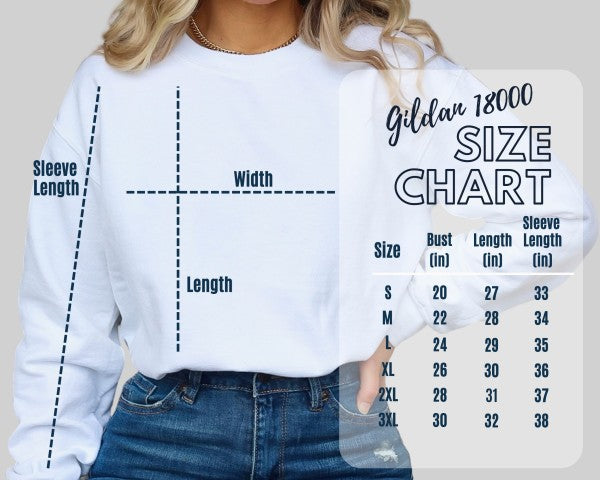 White sweatshirt size chart overlay with sleeve length, bust, and garment length