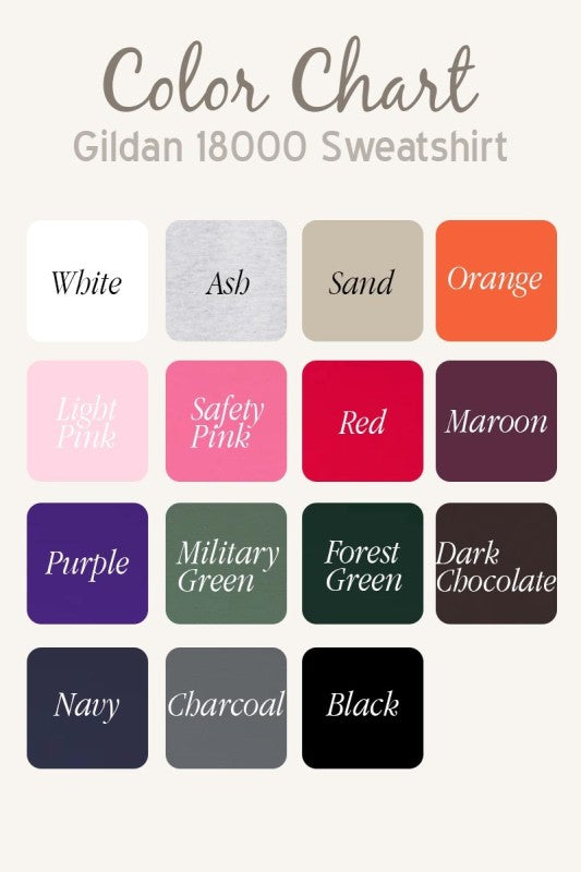 Color chart for Gildan 18000 sweatshirt: White, Ash, Sand, Orange, and more colors