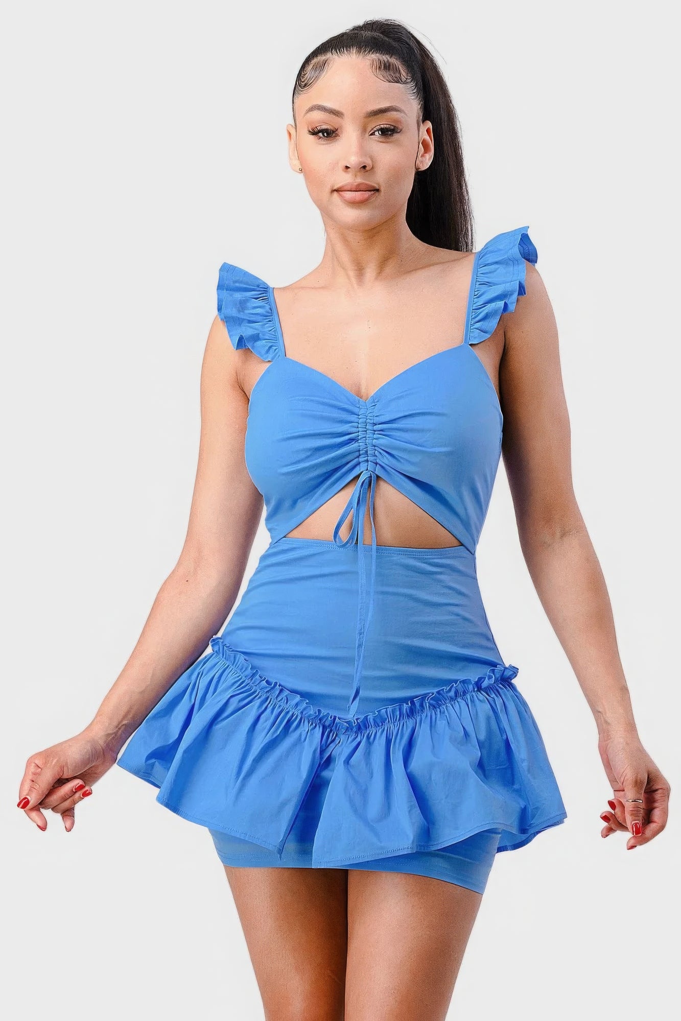 Sweetheart mini dress in blue with drawstring bow cutout and ruffled flutter sleeves
