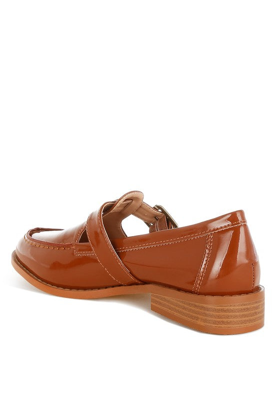 Cognac patent Mary Jane loafer with back strap and low block heel