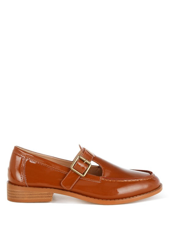 Cognac patent Mary Jane loafers, side view with metal buckle