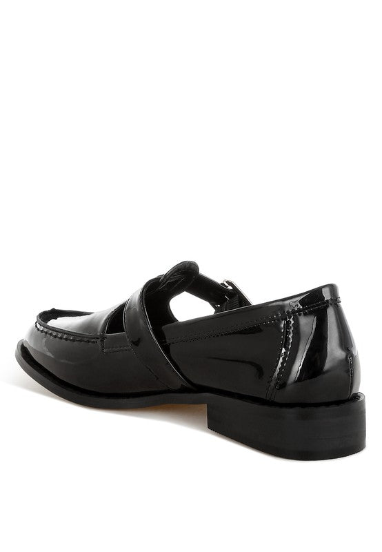 Black patent Mary Jane loafers, rear view with buckle strap