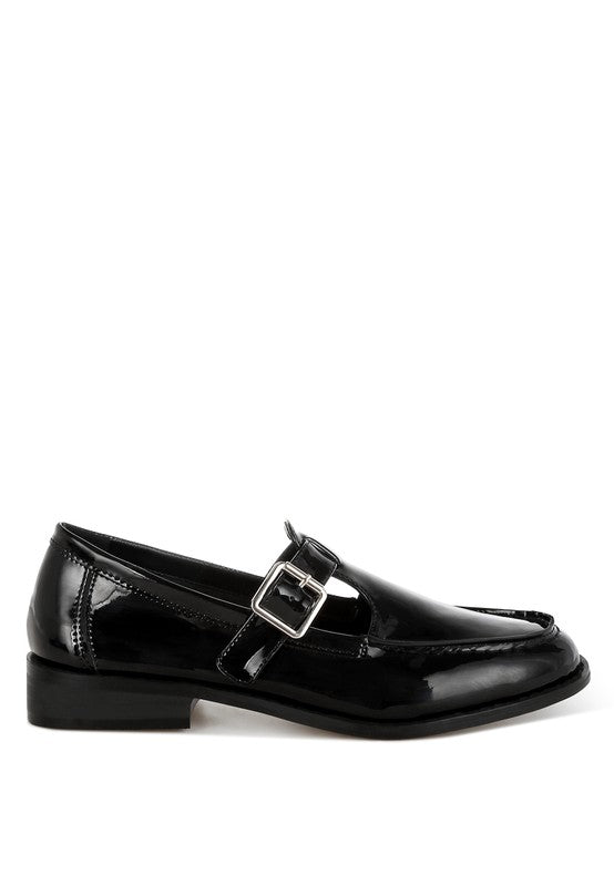Black patent Mary Jane loafers, front side with metal buckle detail