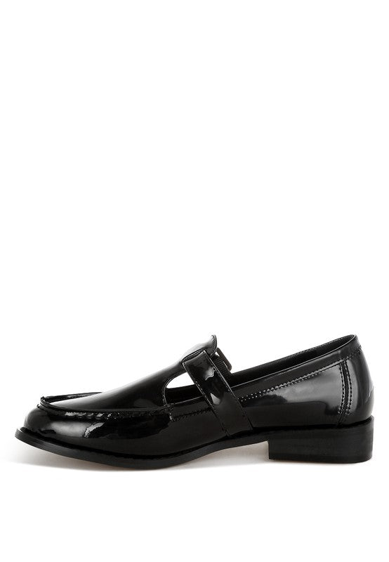 Black patent Mary Jane loafer, side profile with glossy finish