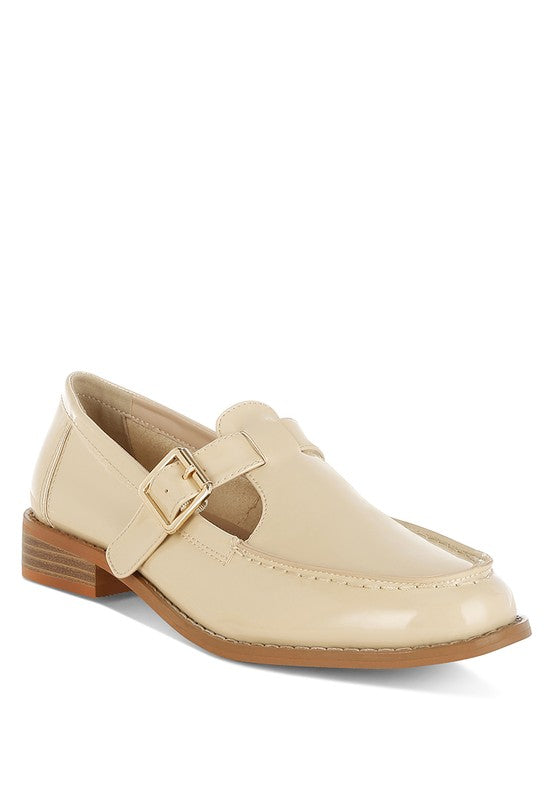 Beige patent Mary Jane loafers with square buckle strap