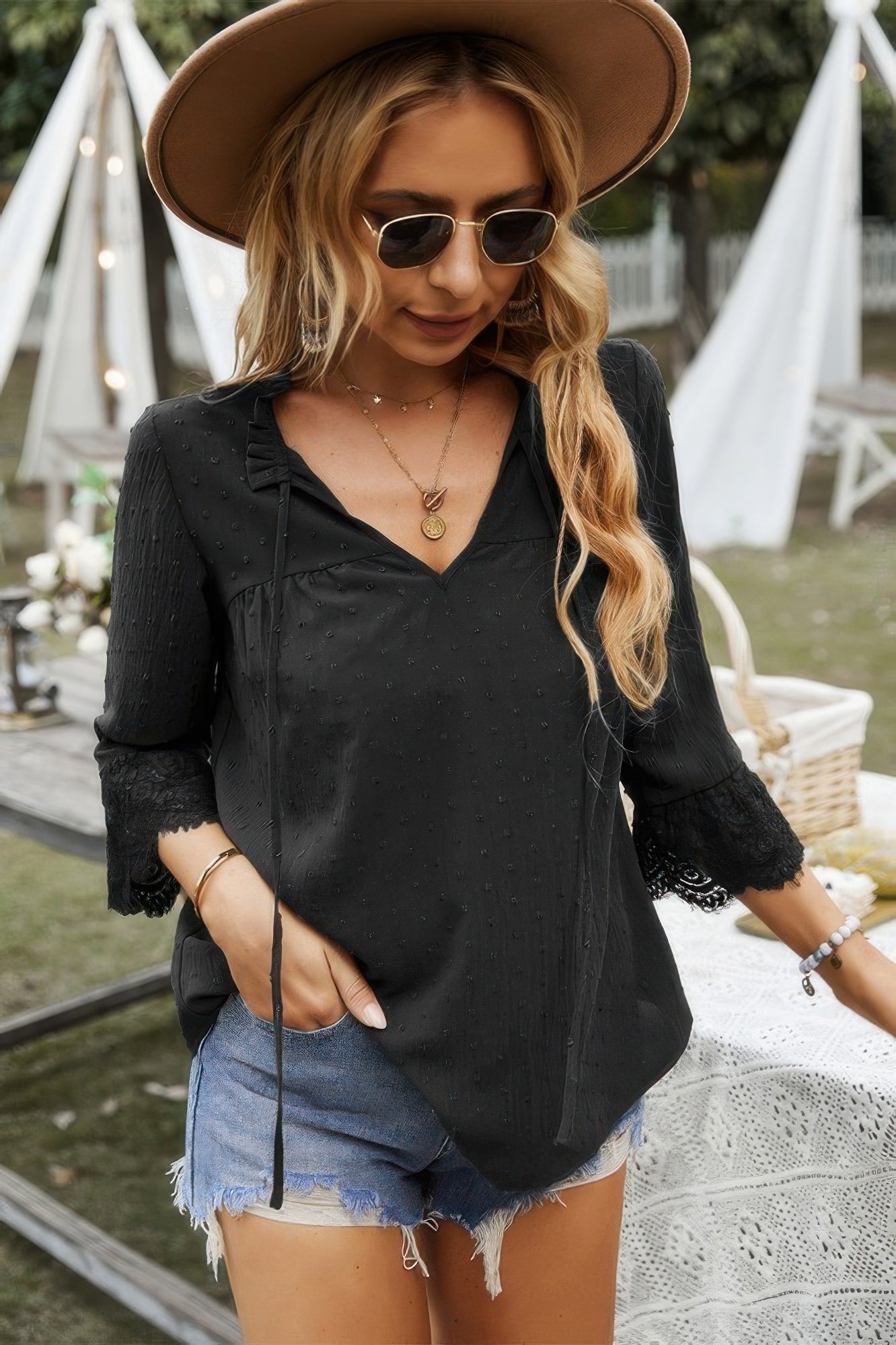 Black Swiss-dot lace V-neck blouse with 3/4 sleeves