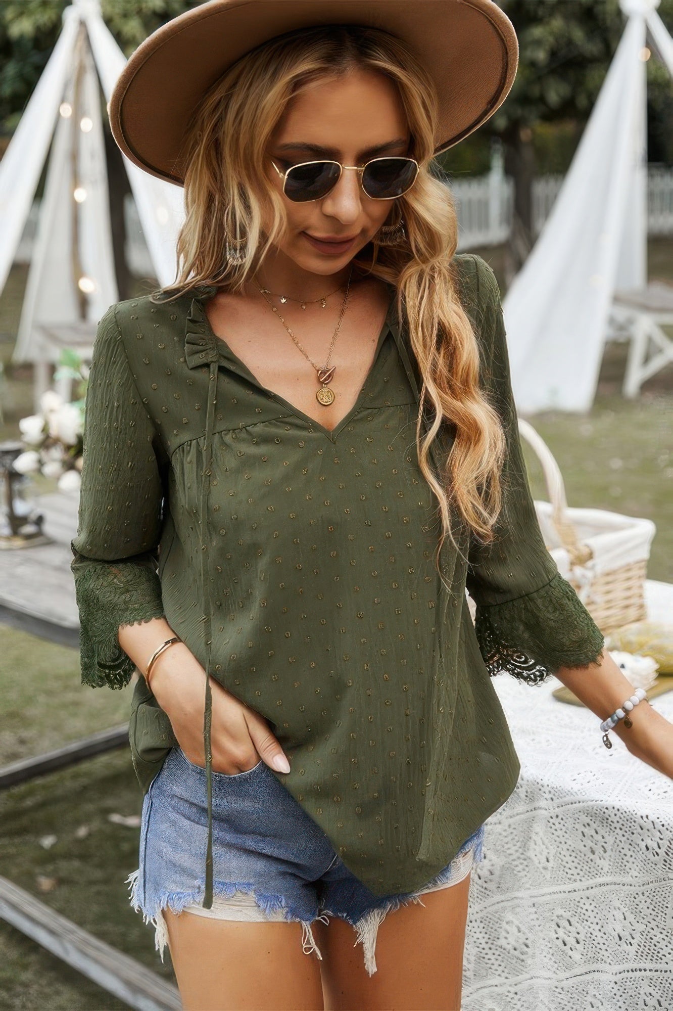Olive green Swiss-dot lace V-neck blouse with lace-trim cuffs