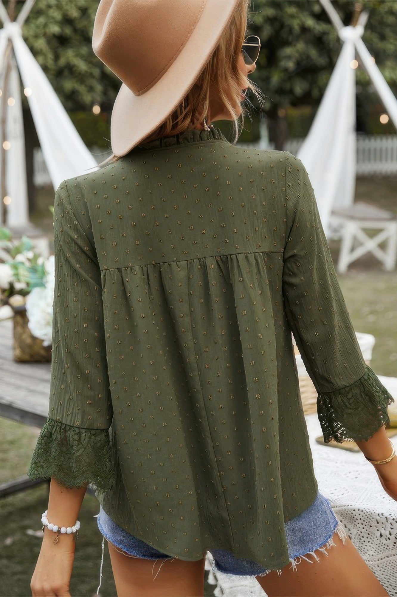 Back view of olive green Swiss-dot lace sleeve blouse