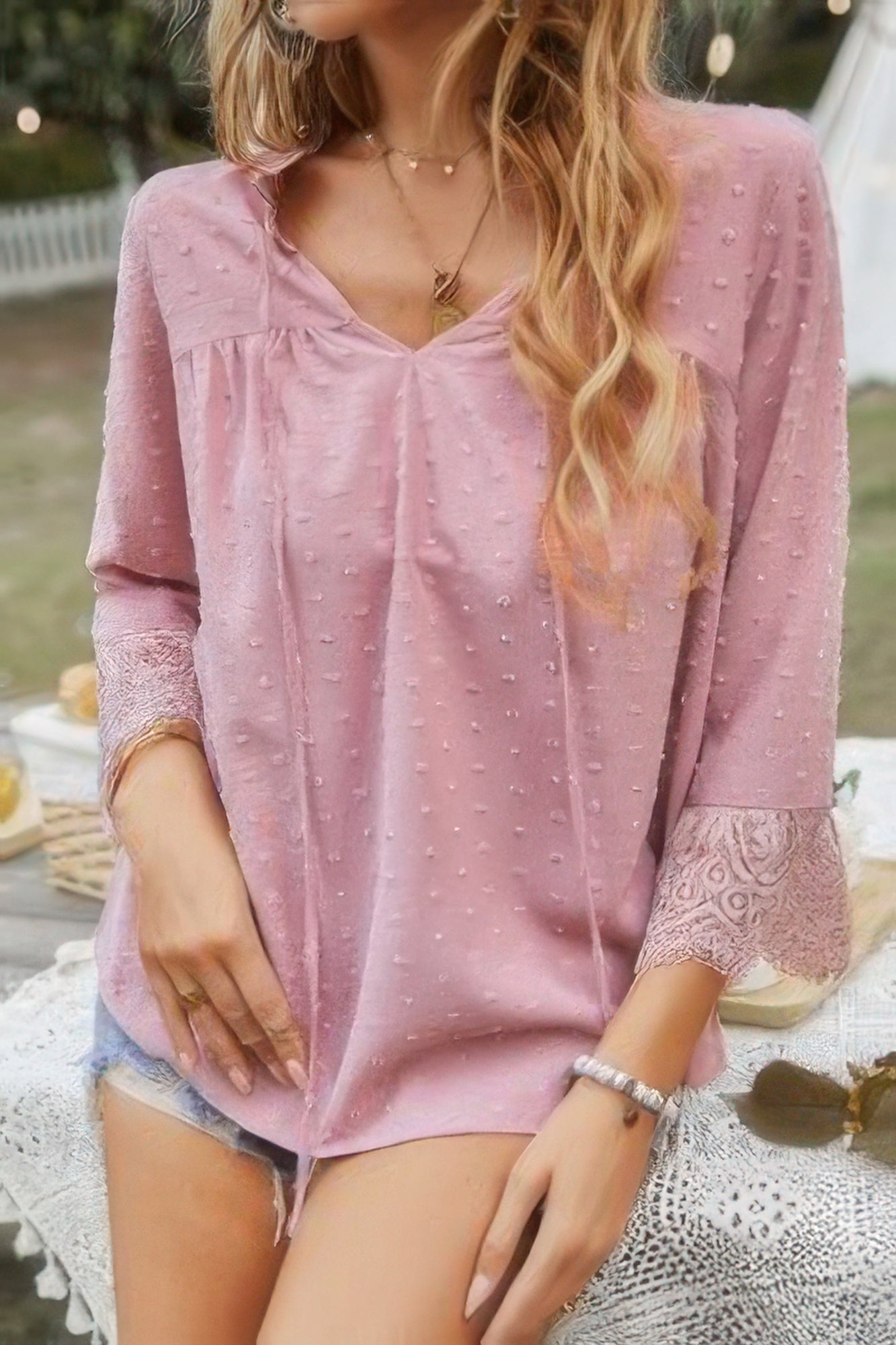 Dusty pink Swiss-dot lace V-neck blouse with lace-trimmed cuffs