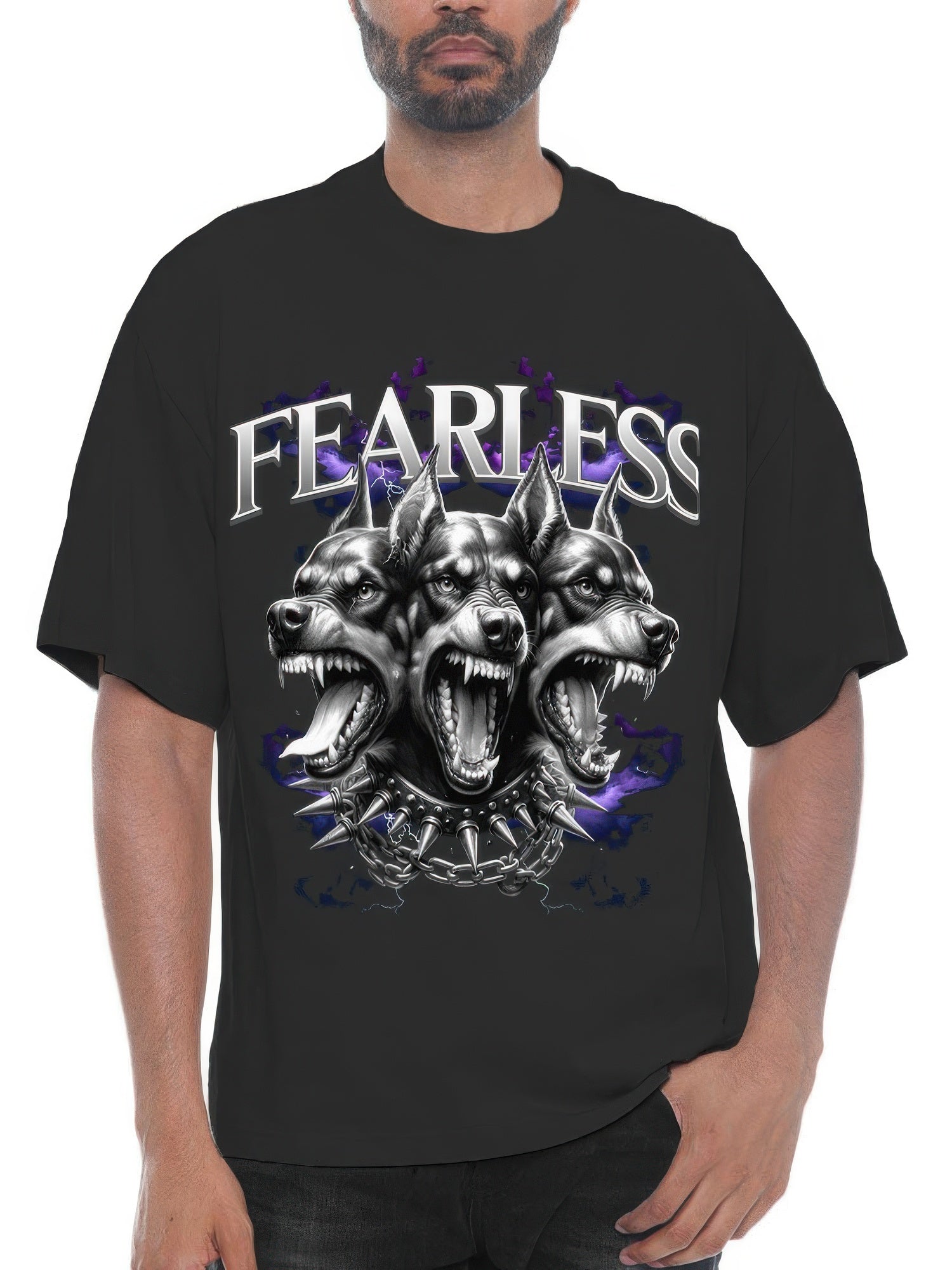 Black Doberman graphic t-shirt with blue 'FEARLESS' text and three dog faces