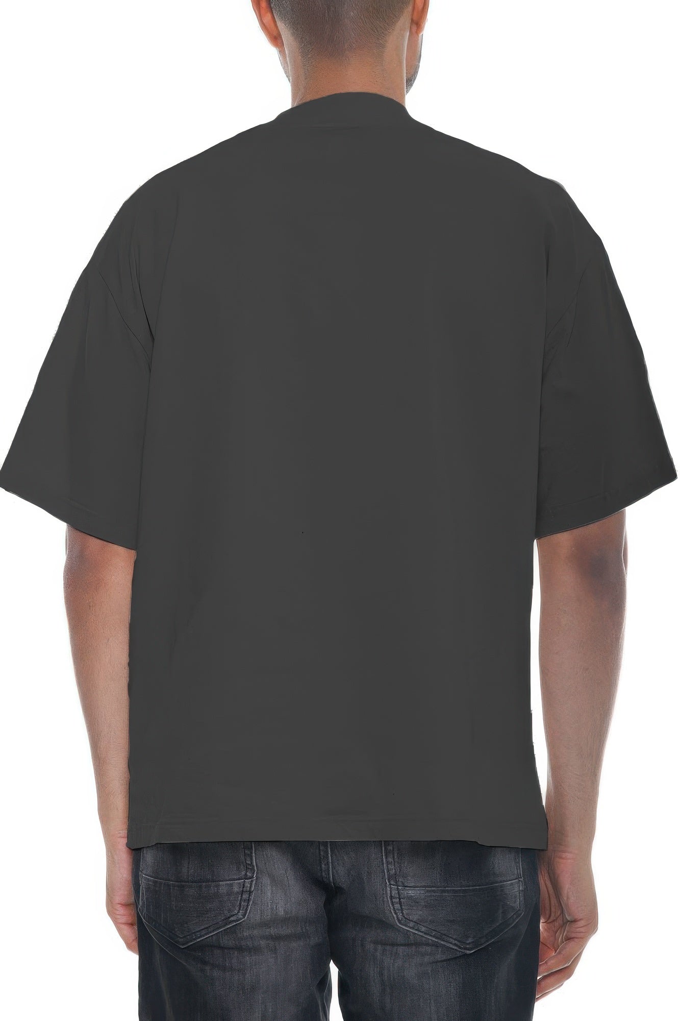 Plain black t-shirt back, no visible print