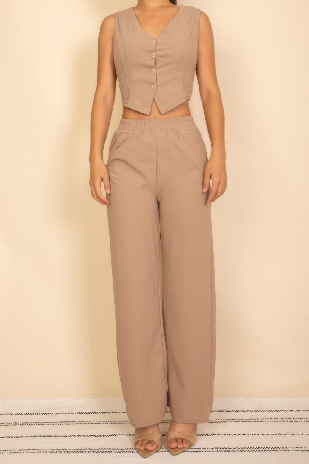Beige tailored button vest with adjustable back tie and wide-leg pants set