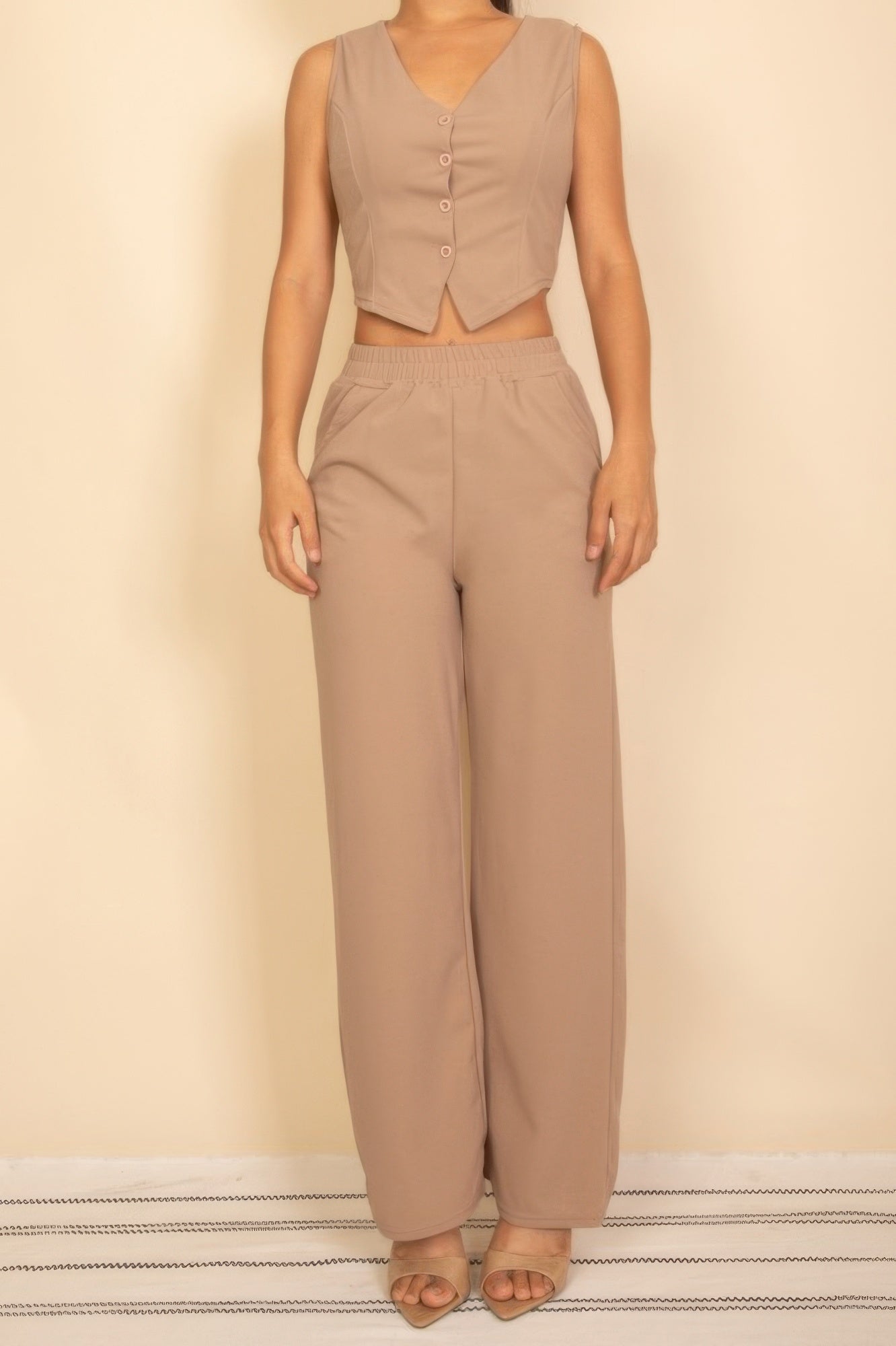 Beige tailored button vest with adjustable back tie and wide-leg pants set