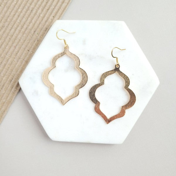 Talia gold drop earrings with quatrefoil openwork shape and gold fishhook closures