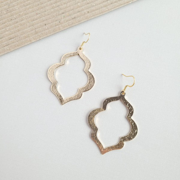 Gold quatrefoil earrings, two-tone openwork floral shape with fishhook ear wires