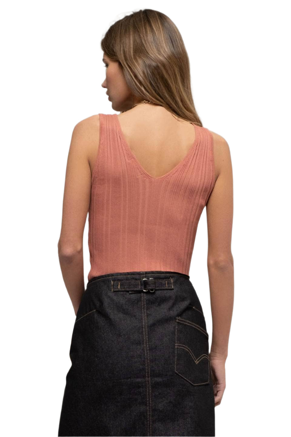 Sienna sleeveless V-neck knit top, open back with tie-back detail