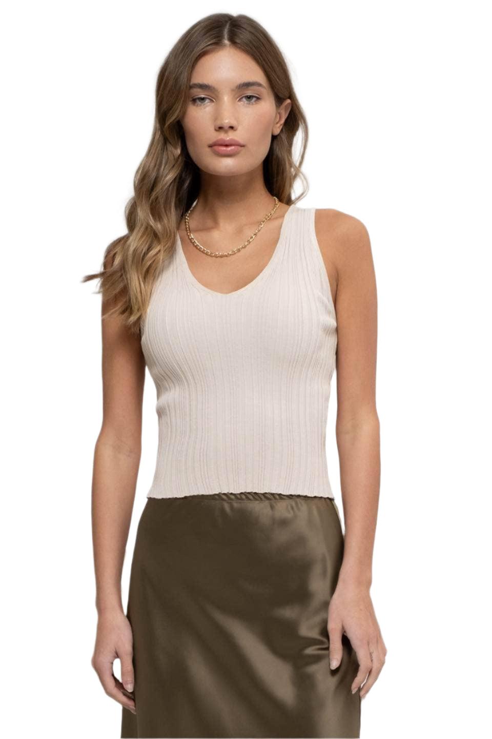 Oatmeal sleeveless V-neck knit top with fine ribbing and scalloped neckline