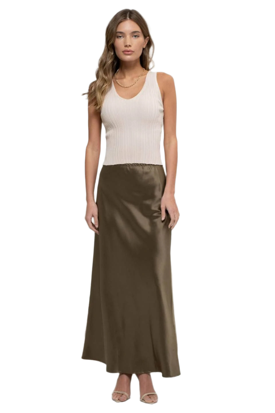 Oatmeal sleeveless knit V-neck sweater top with fine ribbed front