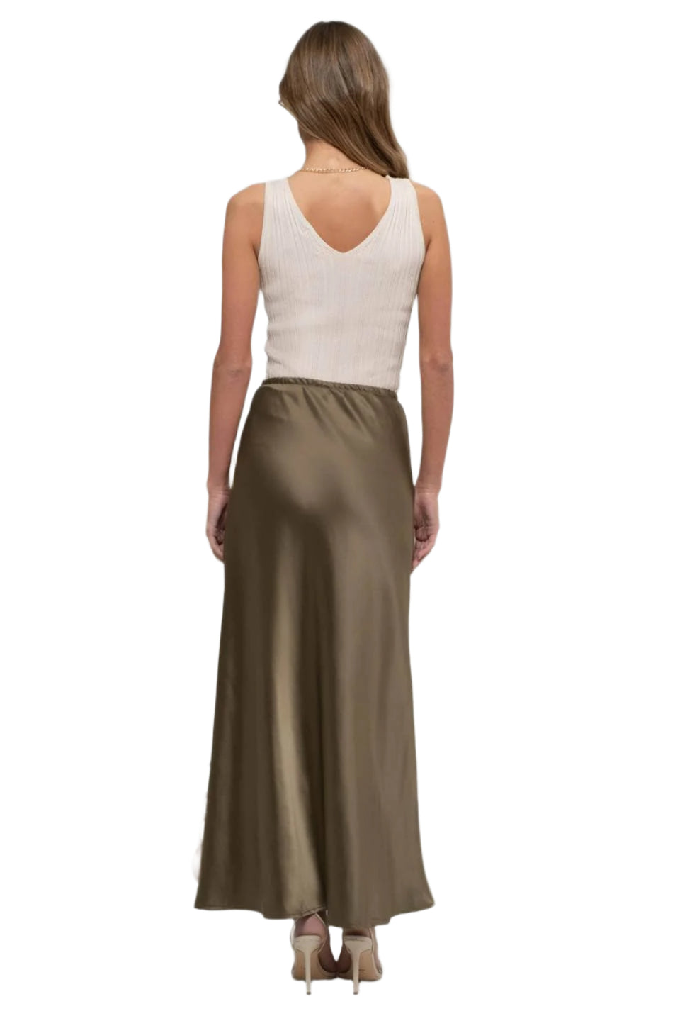 Oatmeal sleeveless knit top with V-back and fitted ribbed bodice