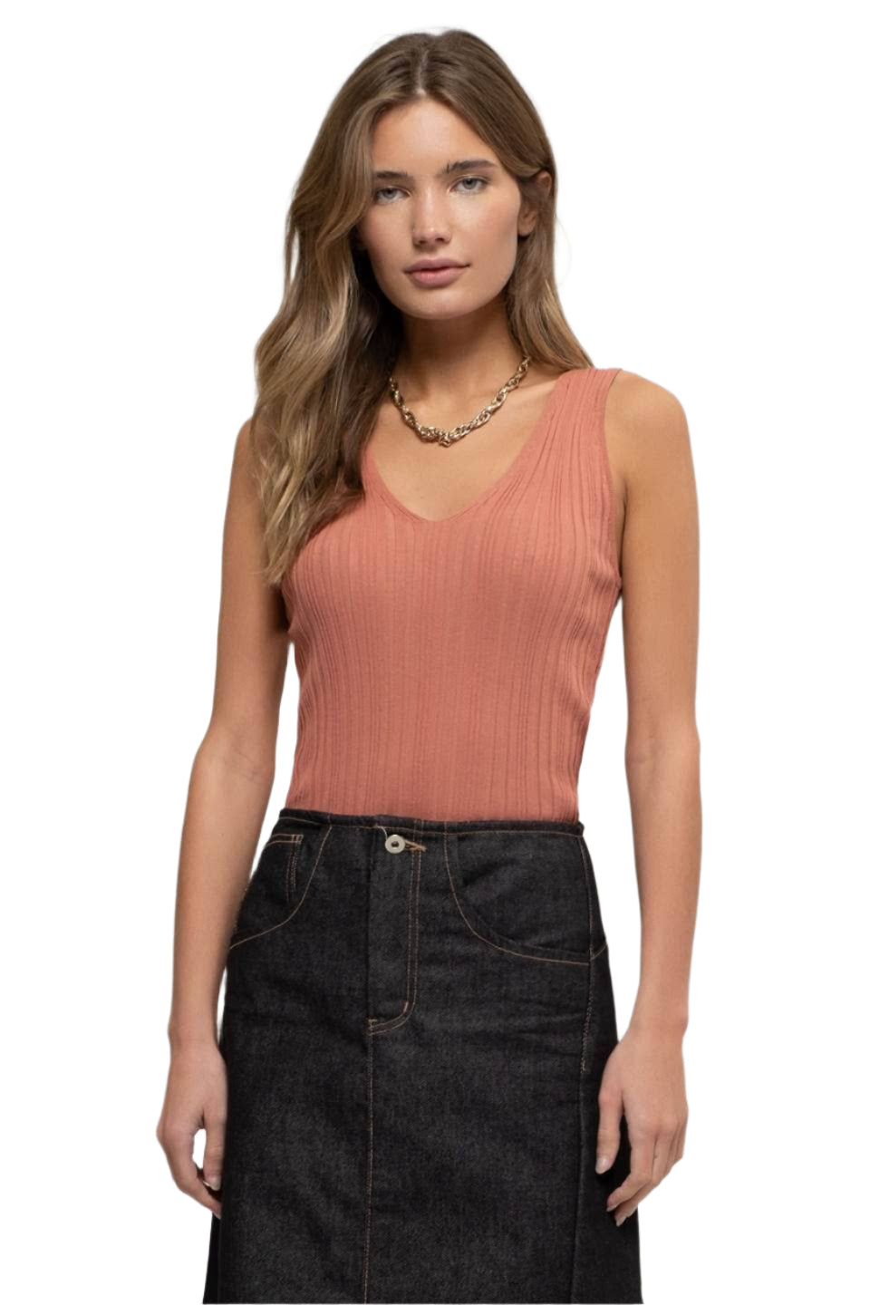 Sleeveless V-neck knit top in sienna with ribbed knit bodice