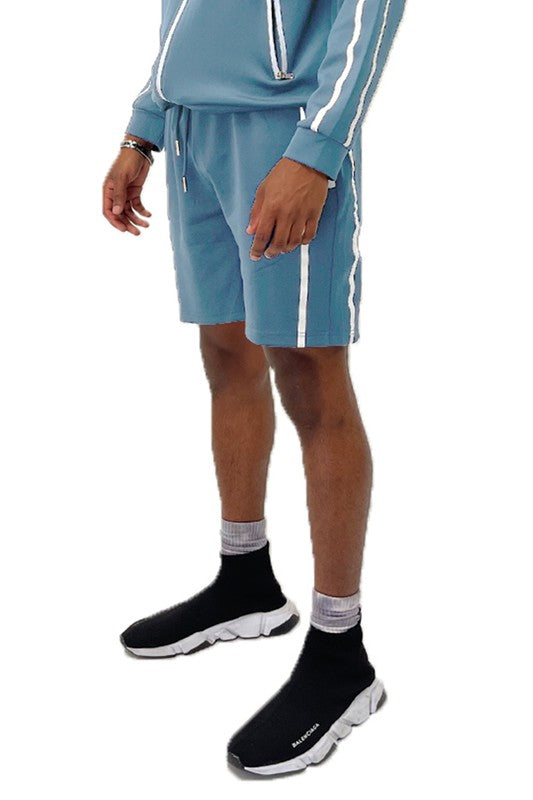Sky blue taped stripe shorts with white side stripe detail