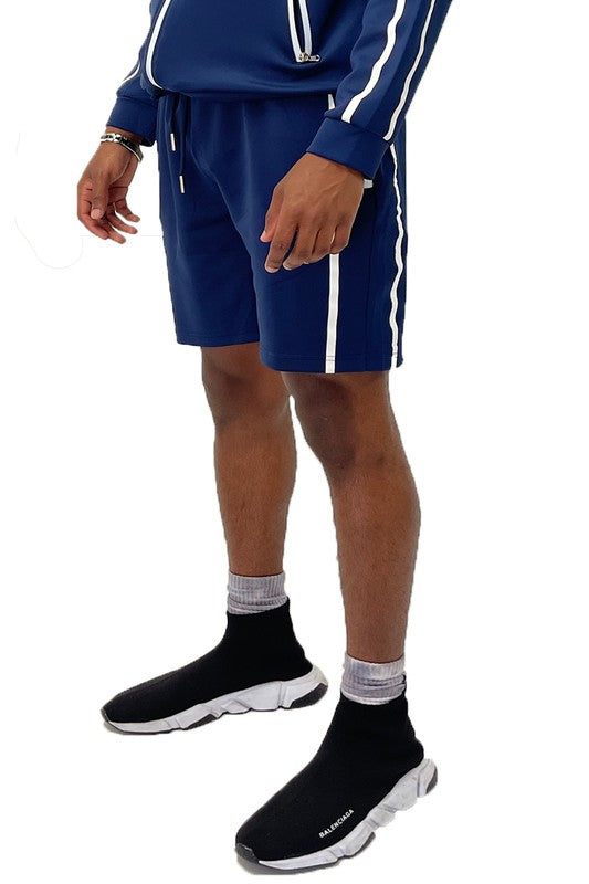 Navy blue taped stripe shorts with white side stripe panels and drawstring.