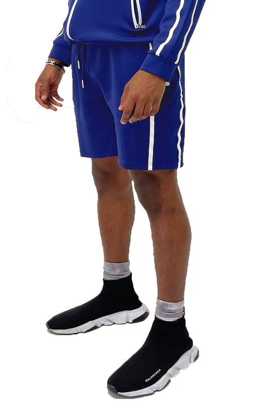 Royal blue taped stripe shorts with white side stripes and drawstring waist.