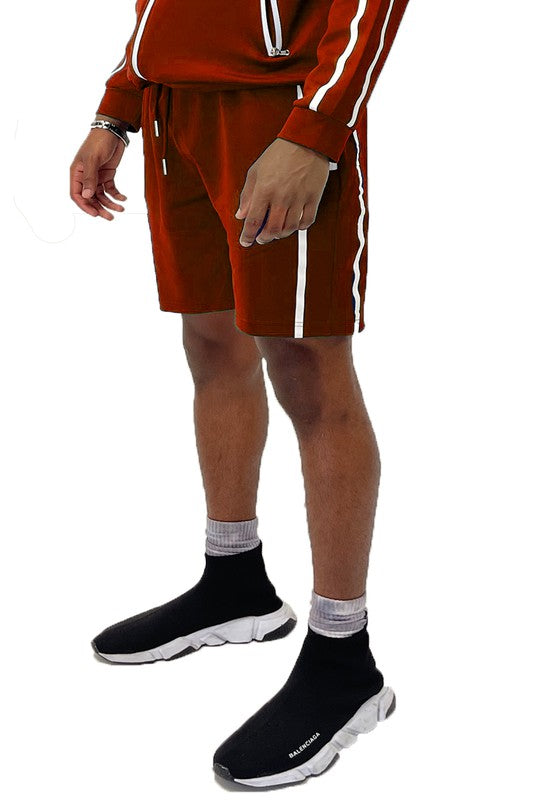 Red taped stripe shorts with white vertical side stripes