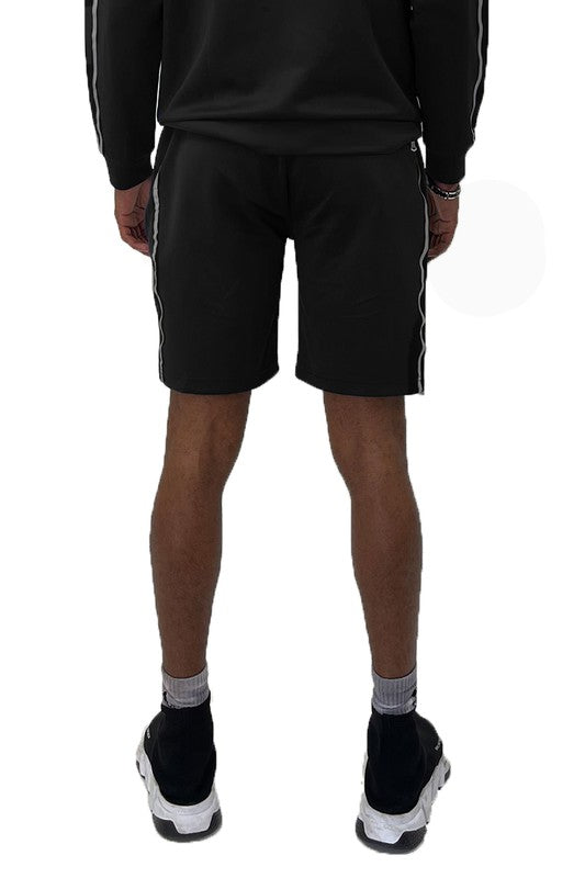 Black taped stripe shorts, back view with white side stripe detail