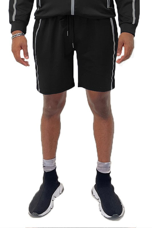 Black taped stripe shorts with elastic waistband and white side stripes