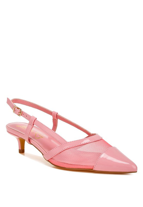 Pink mesh slingback sandals with pin-buckle strap and pointed toe, kitten heel