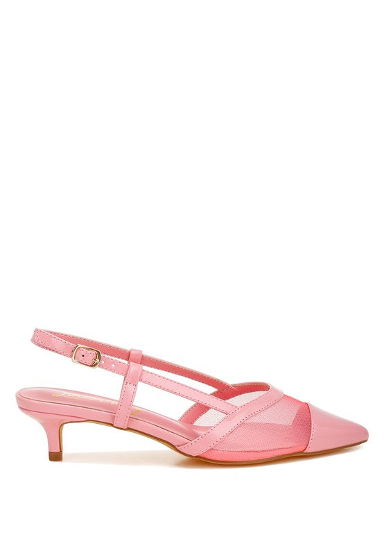 Pink slingback pumps with pin-buckle strap, mesh upper, and kitten heel