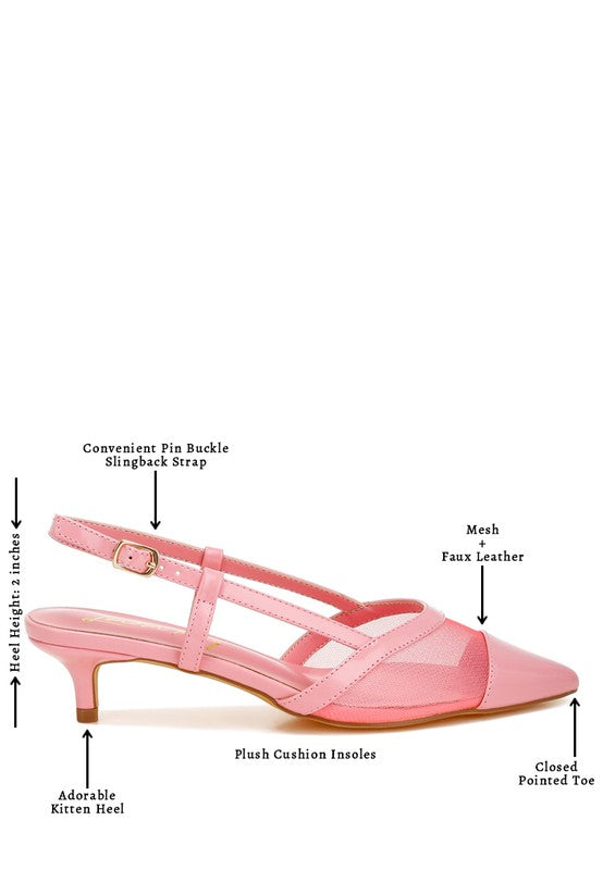 Pink slingback sandal features: pin-buckle strap, mesh faux-leather, cushioned insoles