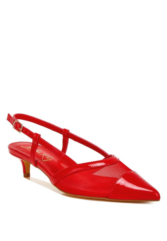 Red mesh slingback sandals with pin-buckle strap and pointed toe, kitten heel