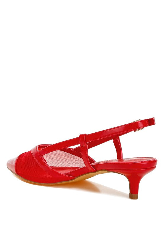 Red mesh slingback sandal with crisscross straps and pointed toe, low kitten heel