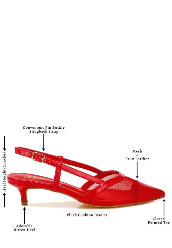 Red slingback sandal features: pin-buckle strap, mesh faux-leather, cushioned insoles
