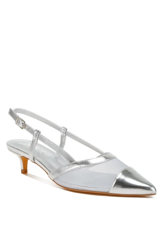 Silver mesh slingback sandals with pin-buckle strap and pointed toe, kitten heel