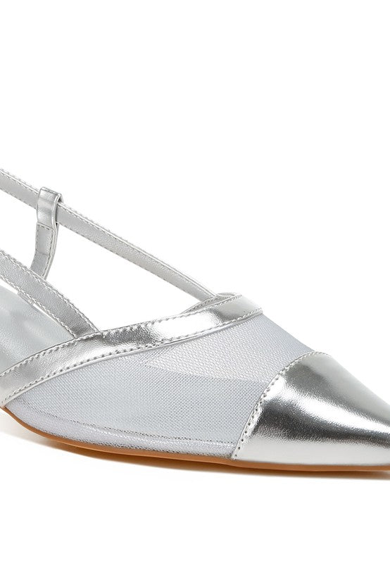 Silver pointed-toe slingback sandal close-up with mesh strap and kitten heel