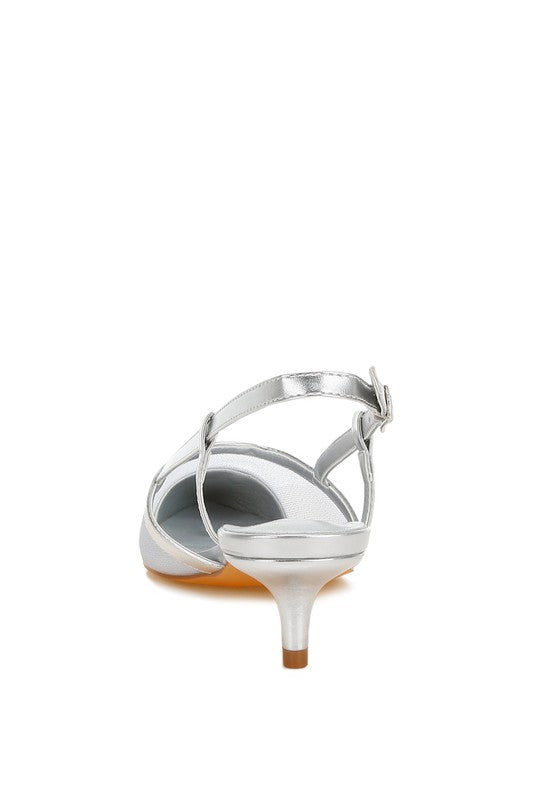Silver slingback sandal with closed pointed toe and kitten heel