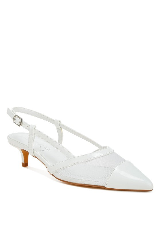 White mesh slingback sandal with pin-buckle ankle strap and kitten heel