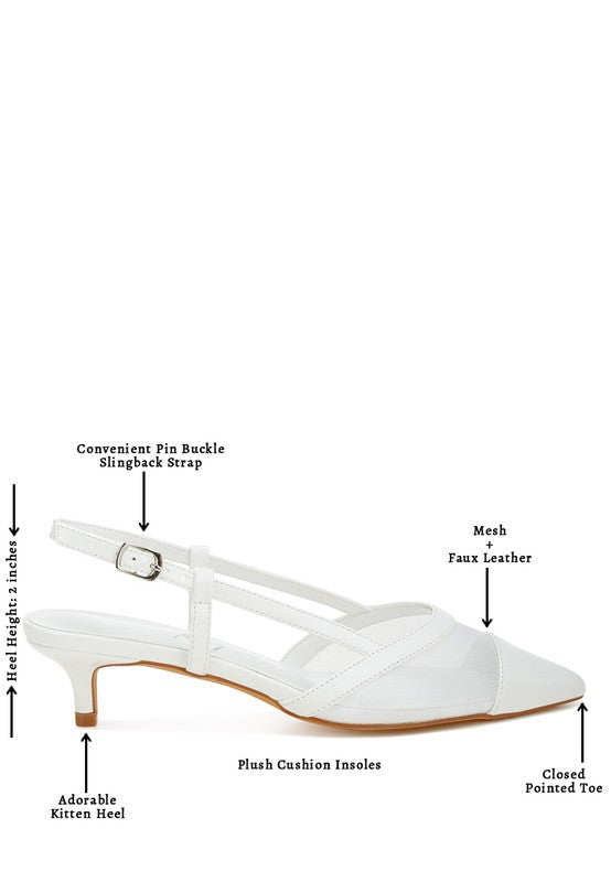 White mesh slingback features: plush cushioned insole, pointed toe, kitten heel