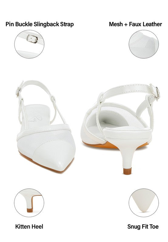 White slingback details: pin buckle strap, mesh with faux leather, snug fit toe