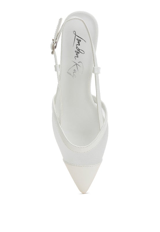 White slingback heel view with back strap and pointed toe