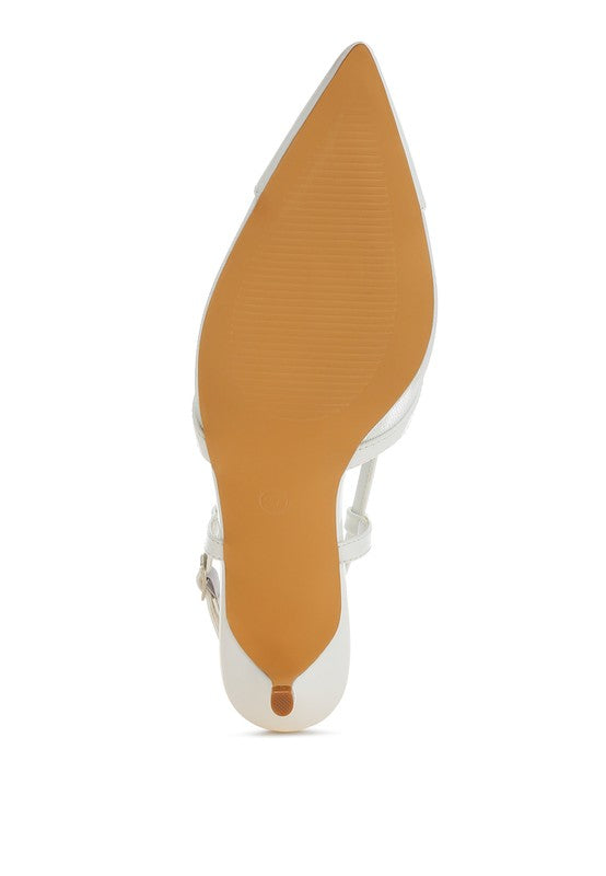 White slingback shoe bottom view showing heel and pointed toe